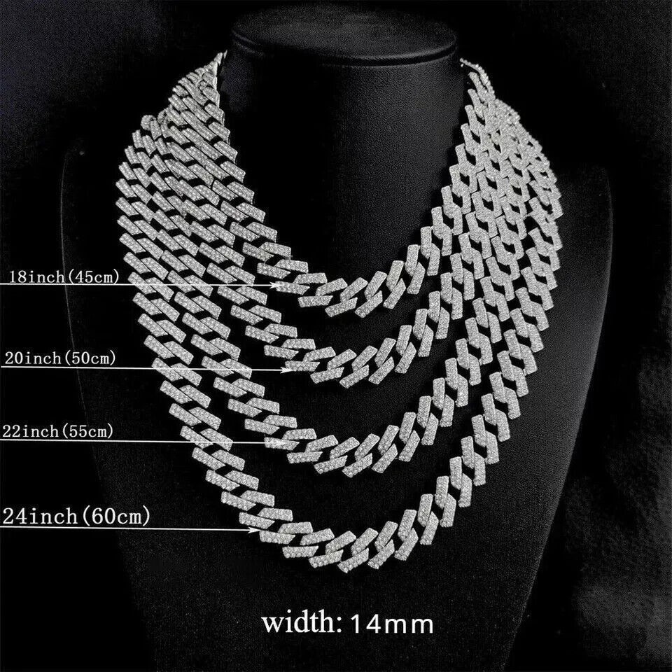 14MM MOISSANITE Miami Cuban Link Chain Hip Hop Men Necklace 925 Sterling Silver