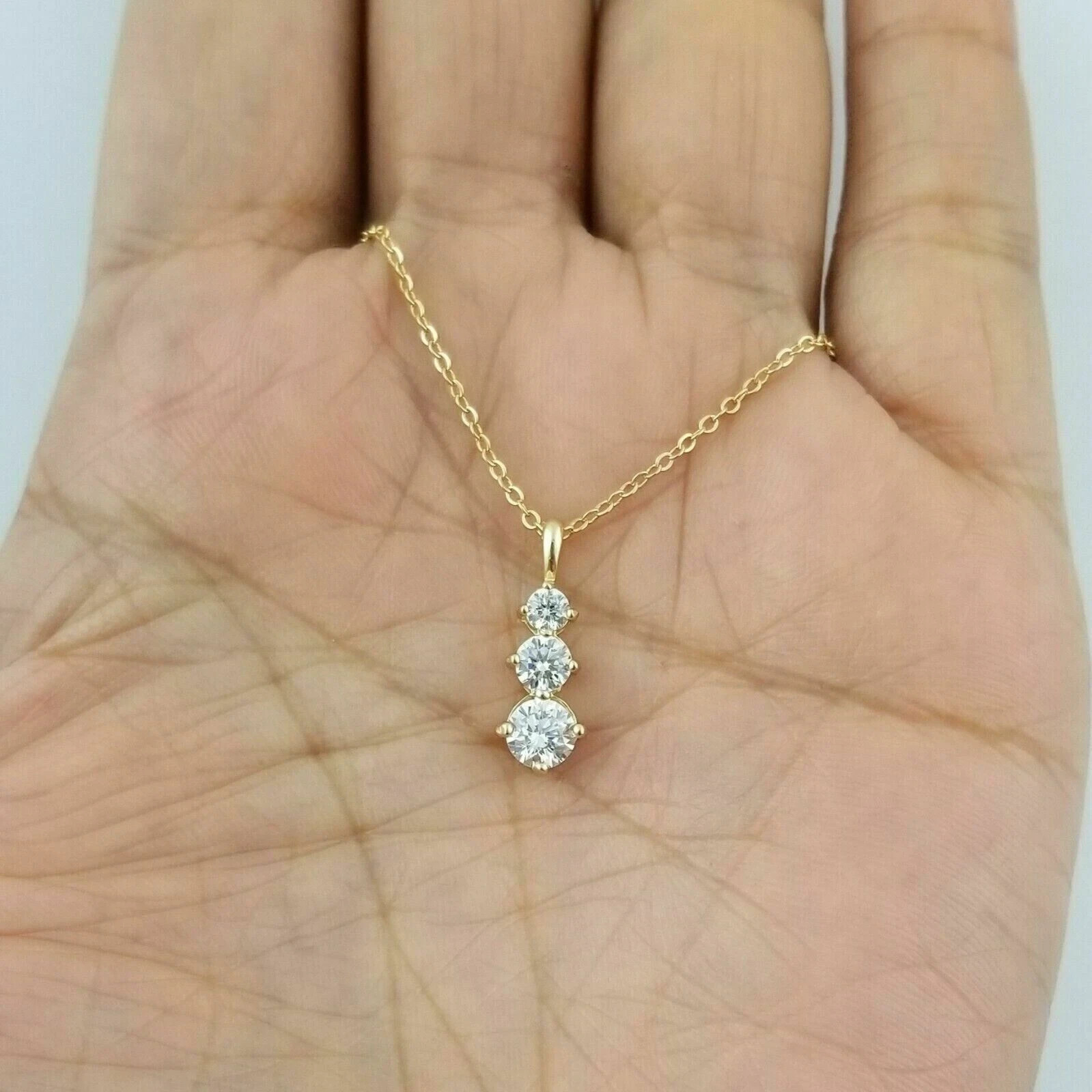 2Ct Round Cut Real Moissanite Three-Stone Journey Pendant 14K Yellow Gold Plated