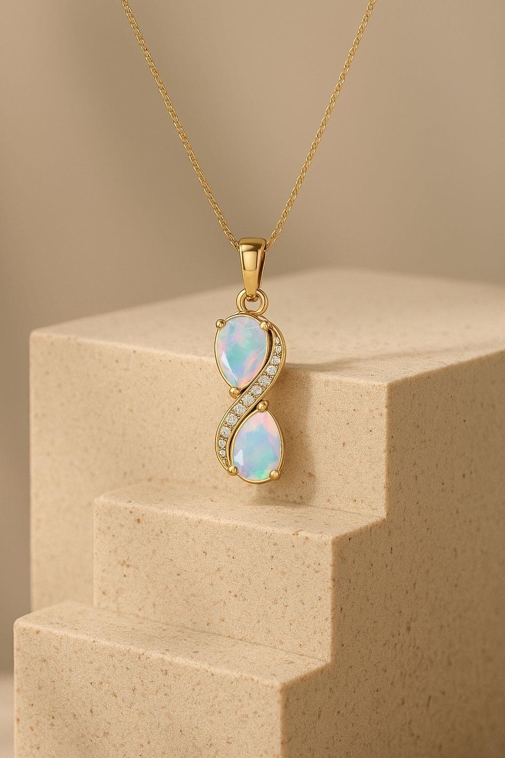 Multifire White Opal Gemstone Charm Gold Pendant, Ethiopian Opal Chain Pendant