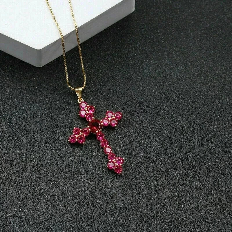 2TCW Round Cut Lab Created Red Ruby Cross Pendant 14K Yellow Gold Plated