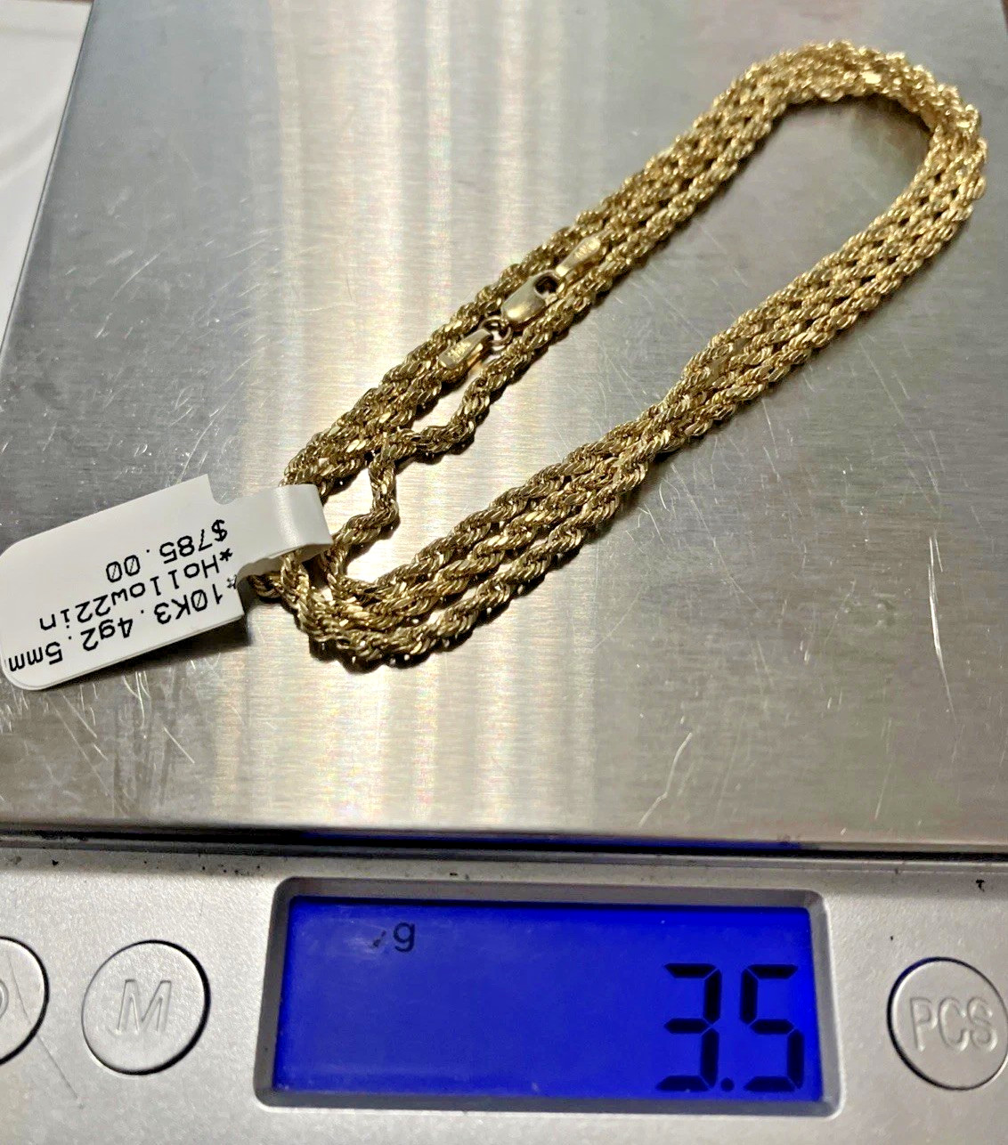 10kt Real Gold Rope Hollow Chain 3.4Grams 2.5mm 22” GND Brand New with Tag 10k
