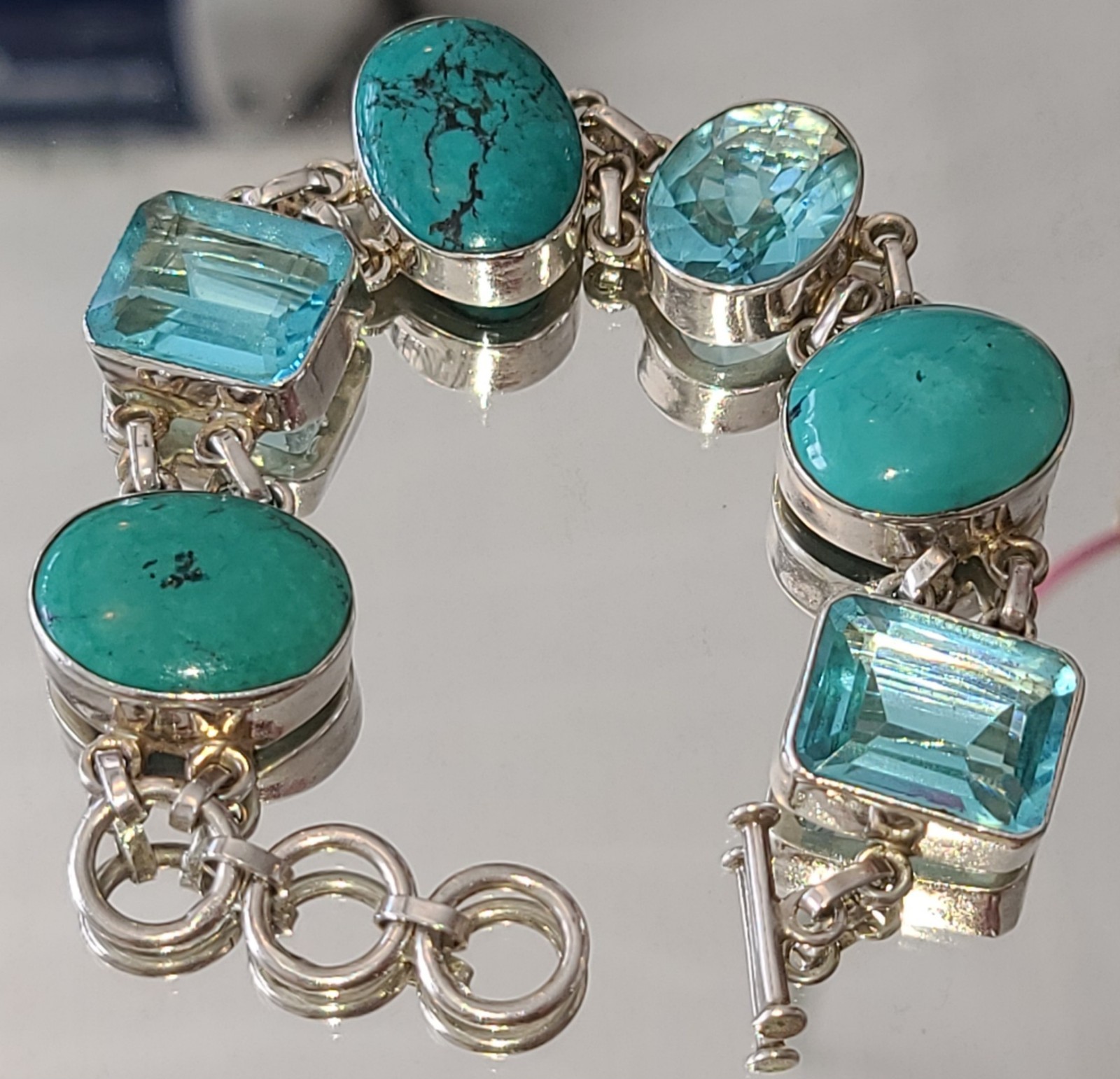 Stunning Sterling Silver Turquoise and Blue Topaz Adjustable Bracelet