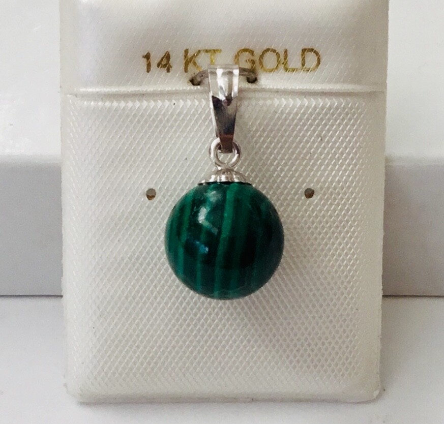 Solid 14K White / Yellow Gold Natural Green Malachite Ball Solitaire Pendant NEW