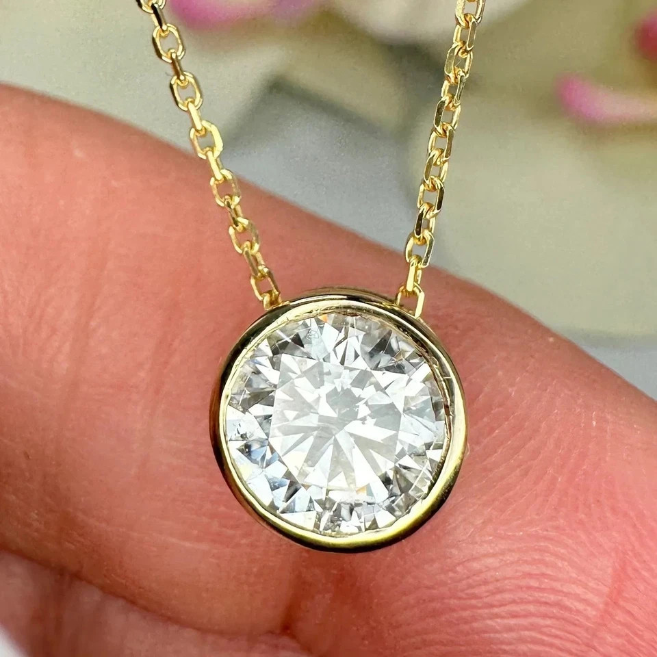 IGI 2 Ct Round Cut Lab Grown Diamond Bezel Set Necklace Pendant 14k Yellow Gold
