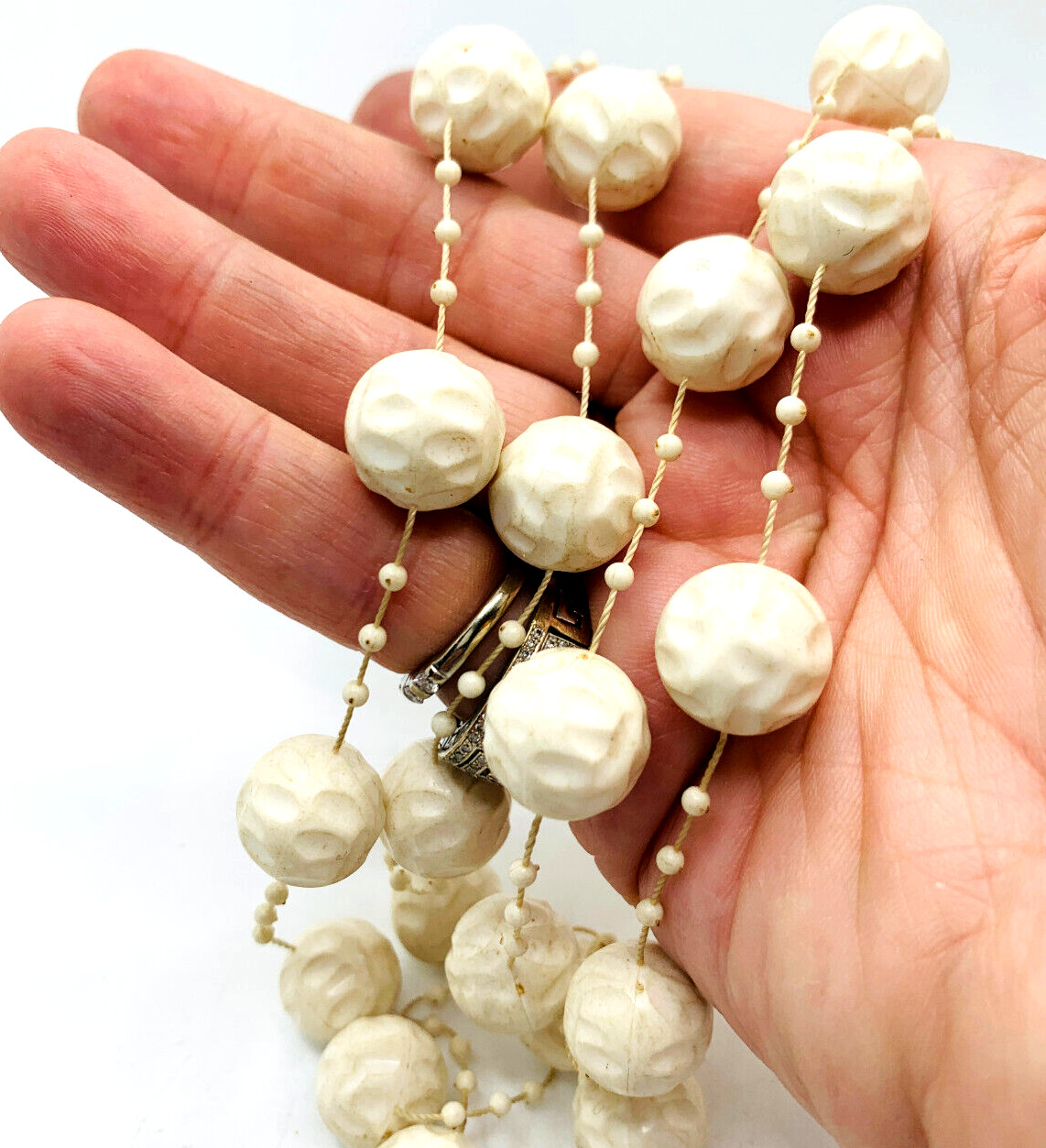 Unique Vtg 1960s 2 Strand Cream Old Plastic Textured Bead Station Necklace