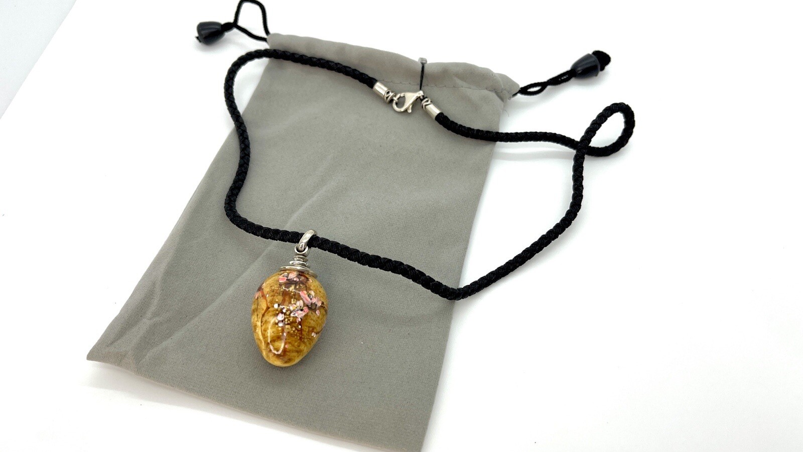 Sakura Tree Flowers Pendant Amber Silk Black Necklace Art Work Handmade Gift Jam