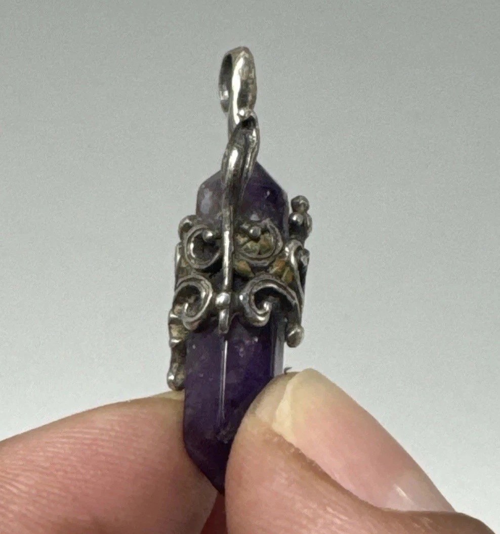 Amethyst Crystal Point Pendant Ornate Silver Tone Filigree Boho 1”