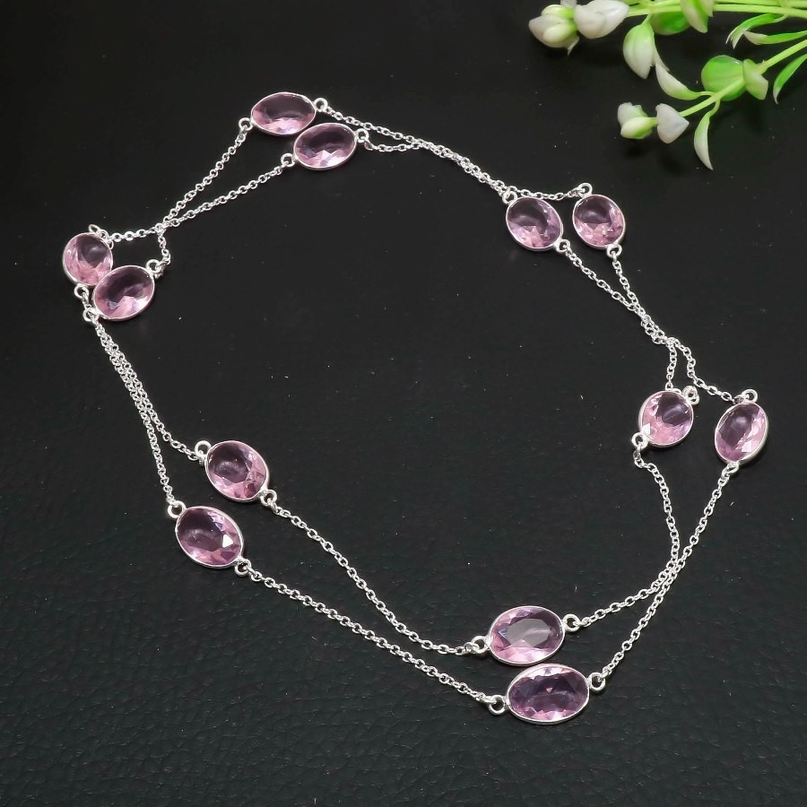 Pink Kunzite 925 Sterling Silver Oval Gemstone Gift Jewelry Necklace 36″ AAB 254