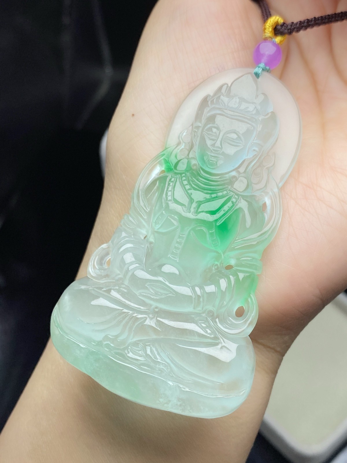 Natural Jadeite light green Carved Guanyin Lucky big Pendant jade Amulet 观音