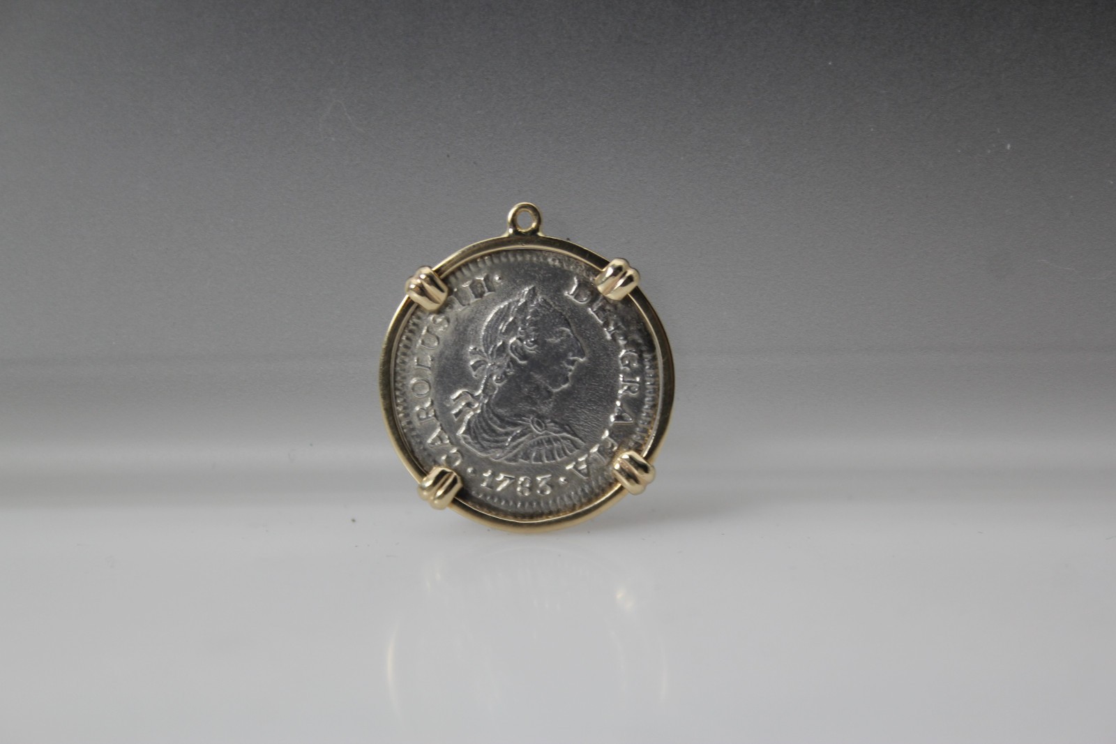 .900 Silver 1783 1/2 Reale Charles III 14k Yellow Gold Bezel 2.2 Grams (PEN10337