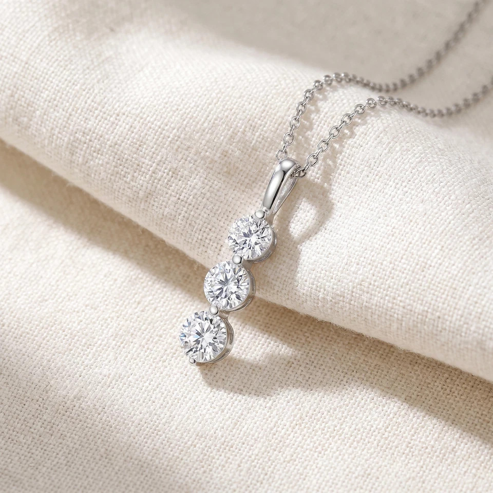 2 Ct Three Diamond Pendant 14K White Gold 3 Stone Lab Grown Necklace