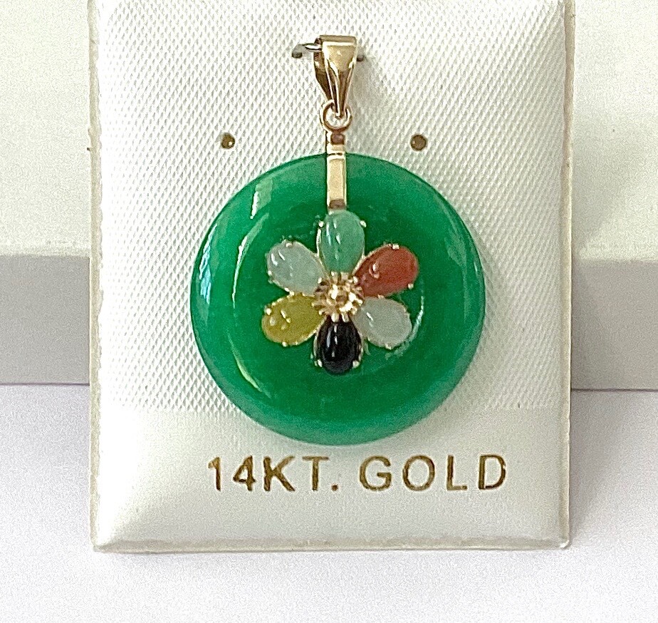 Solid 14K Yellow Gold Green Jade & Multicolor Jade Flower Pendants NEW