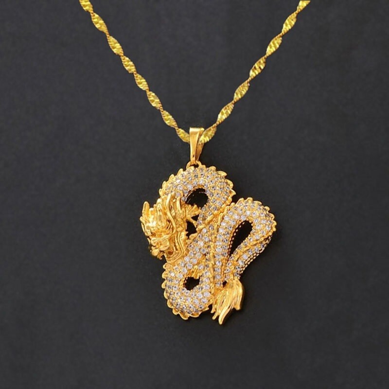 18K Gold Filled Over Silver 18″ Zircon Accent Dragon Pendant Necklace D925