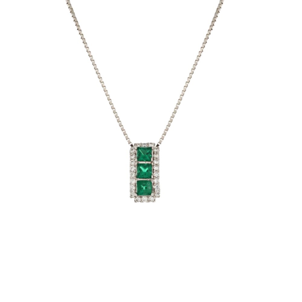 18Kt 750/1000 White Gold Necklace With Trilogy Pendant Of White Zircons And V