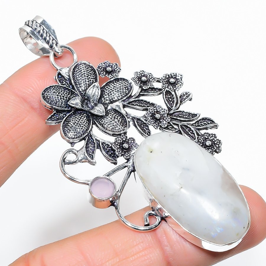 Rainbow Moonstone, Kunzite 925 Sterling Silver Gemstone Pendant 3.03″ NS 23985