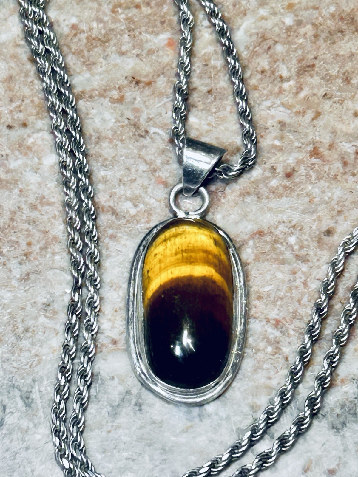 Large Oval Tigers Eye Pendant Necklace On Thick Sterling Rope Chain 19.62 Gr
