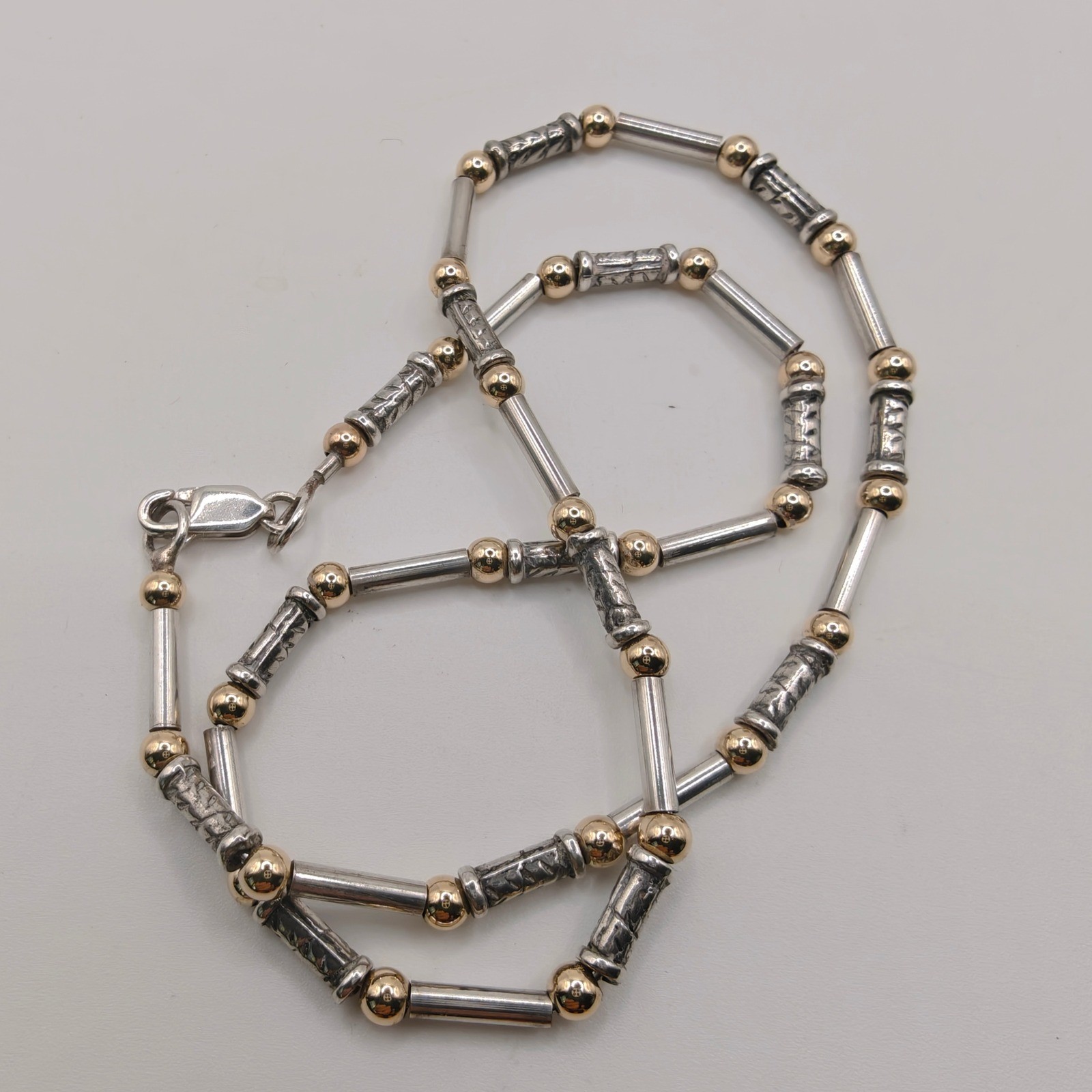 Two Tone Sterling Silver 14K Gold Bead Bar Link Necklace 16 Inch 17.5 grams