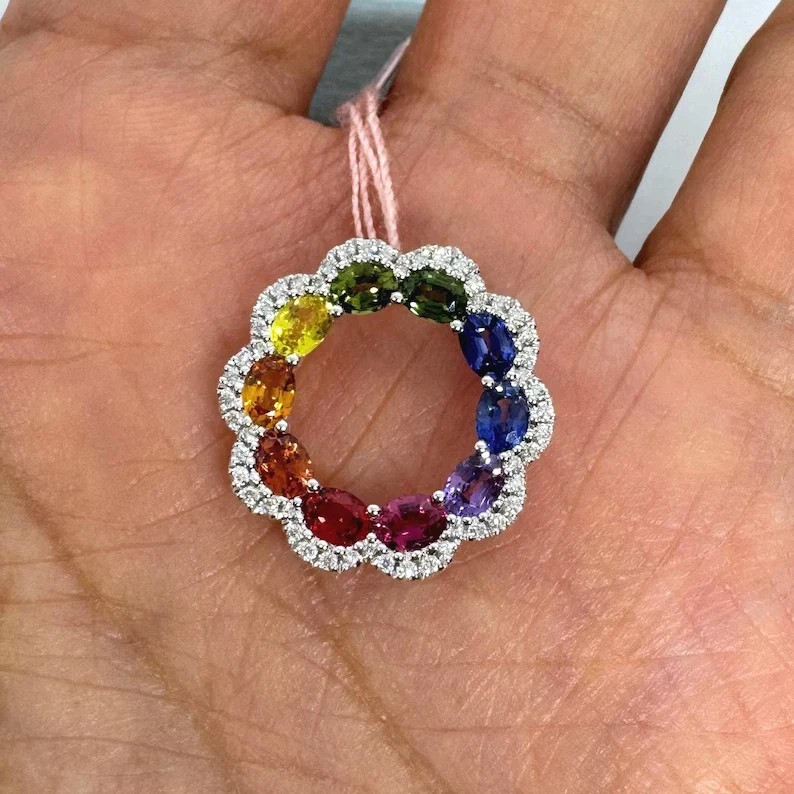 2Ct Oval Cut Lab-Created Blue Sapphire Circle Pendant 14K White Gold Plated 18″