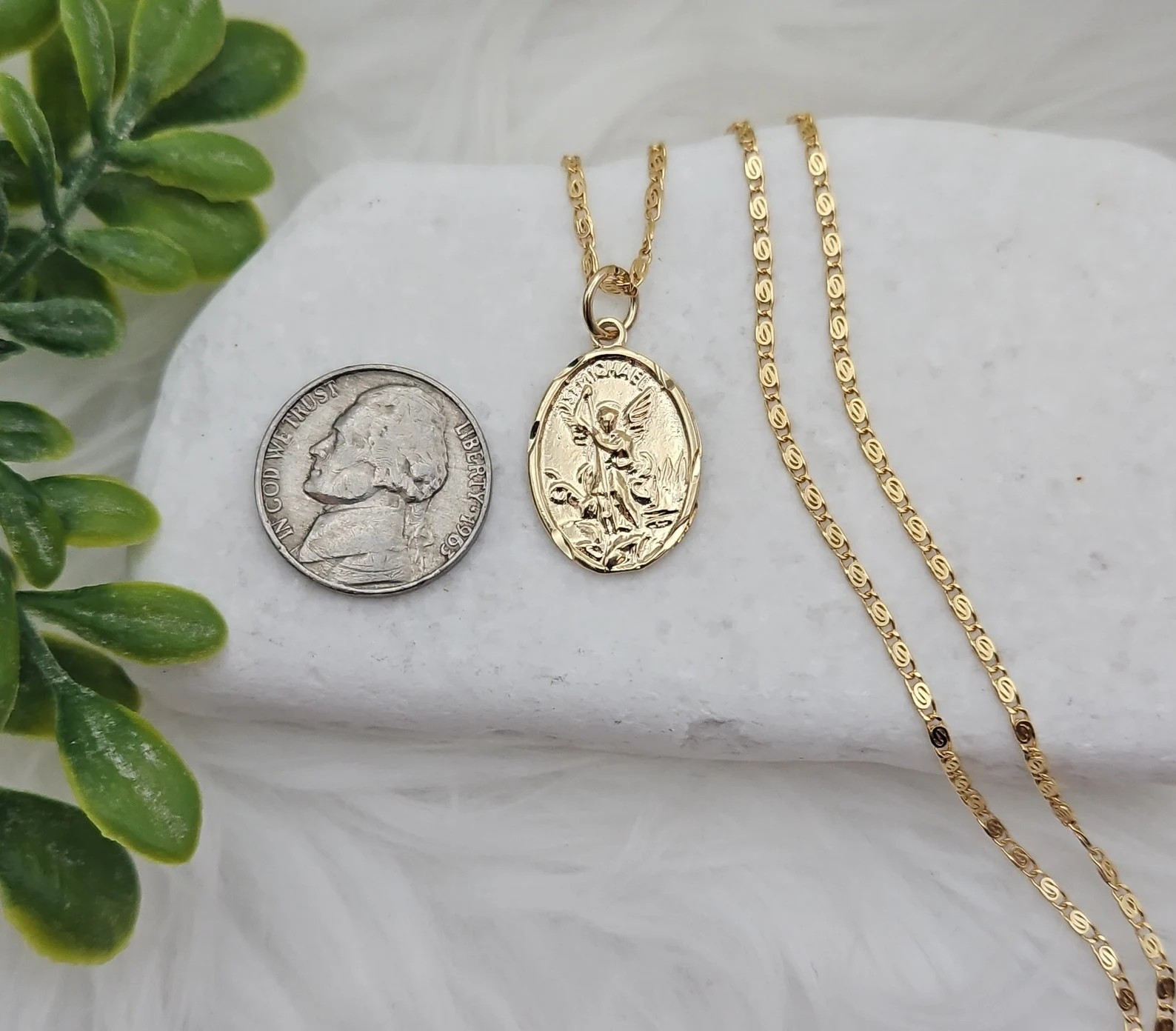 Gold Oval Saint Michael Pendant, 14k Heavy Plated Necklace