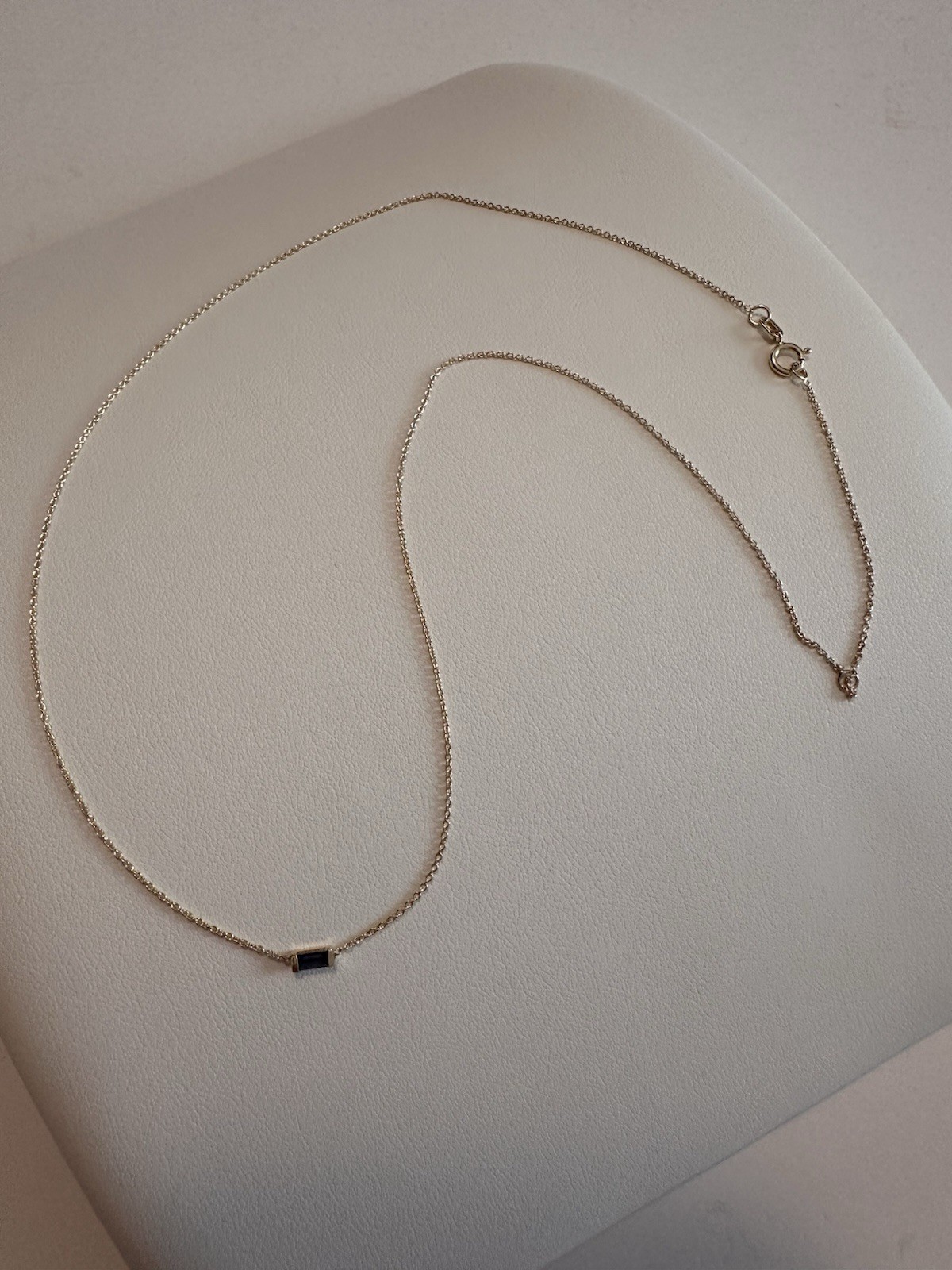 14KY Natural Sapphire 4x2mm Baguette Bezel Necklace 16-18” .7mm Cable Link 1.26g