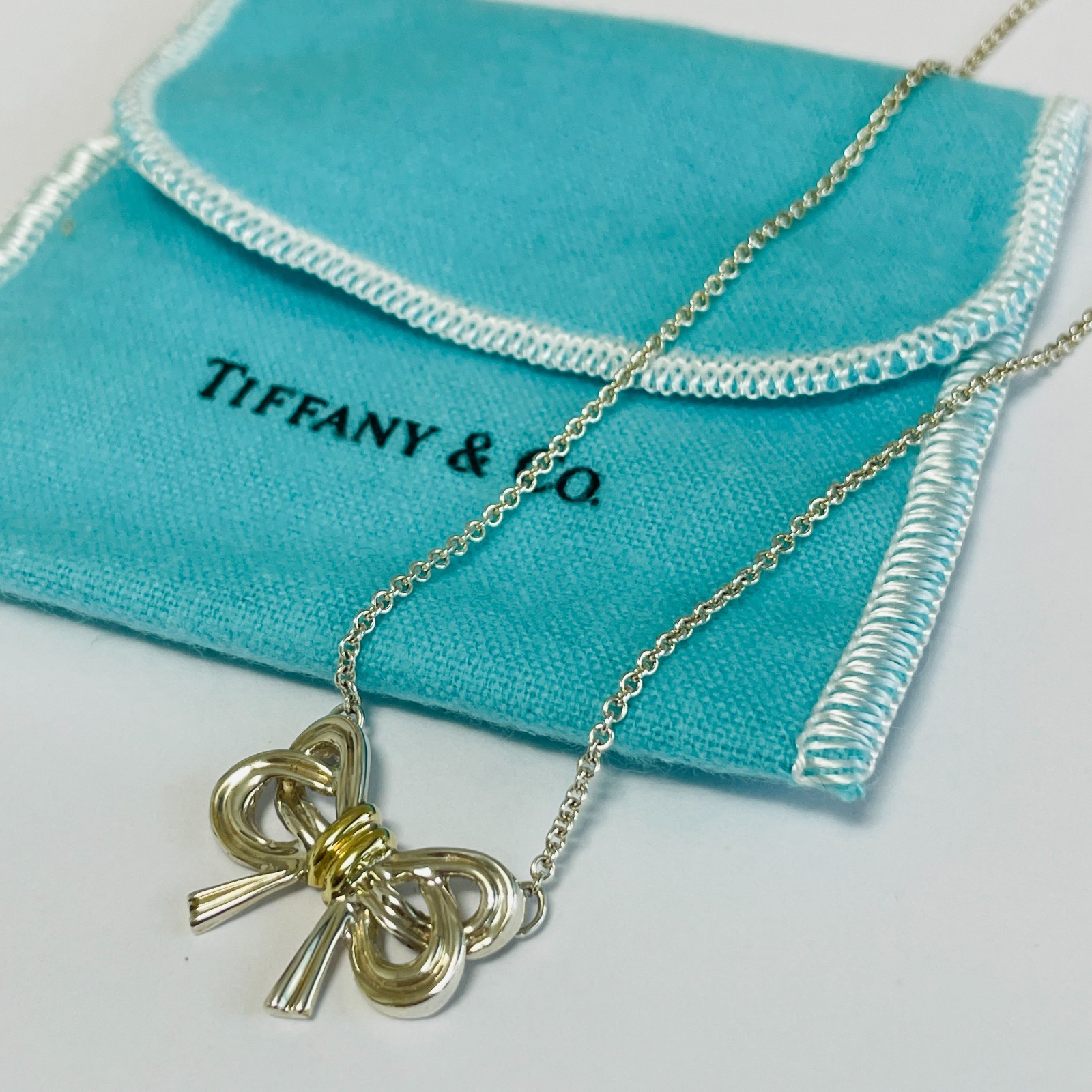 Tiffany & Co Bow Ribbon Pendant Necklace Sterling Silver 18K Gold 16in Vintage