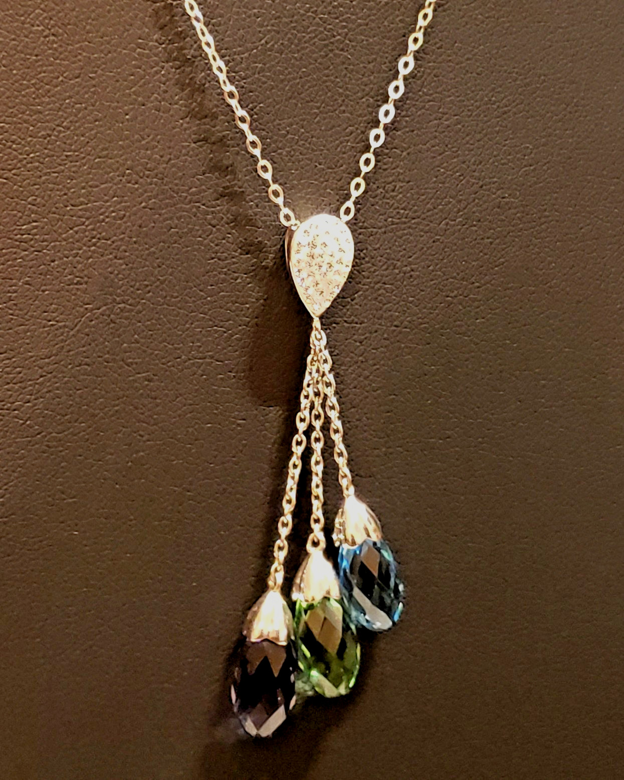 Crystal Briolette Tri-Gemstone Drop Necklace Silver Rhodium Multi-Color