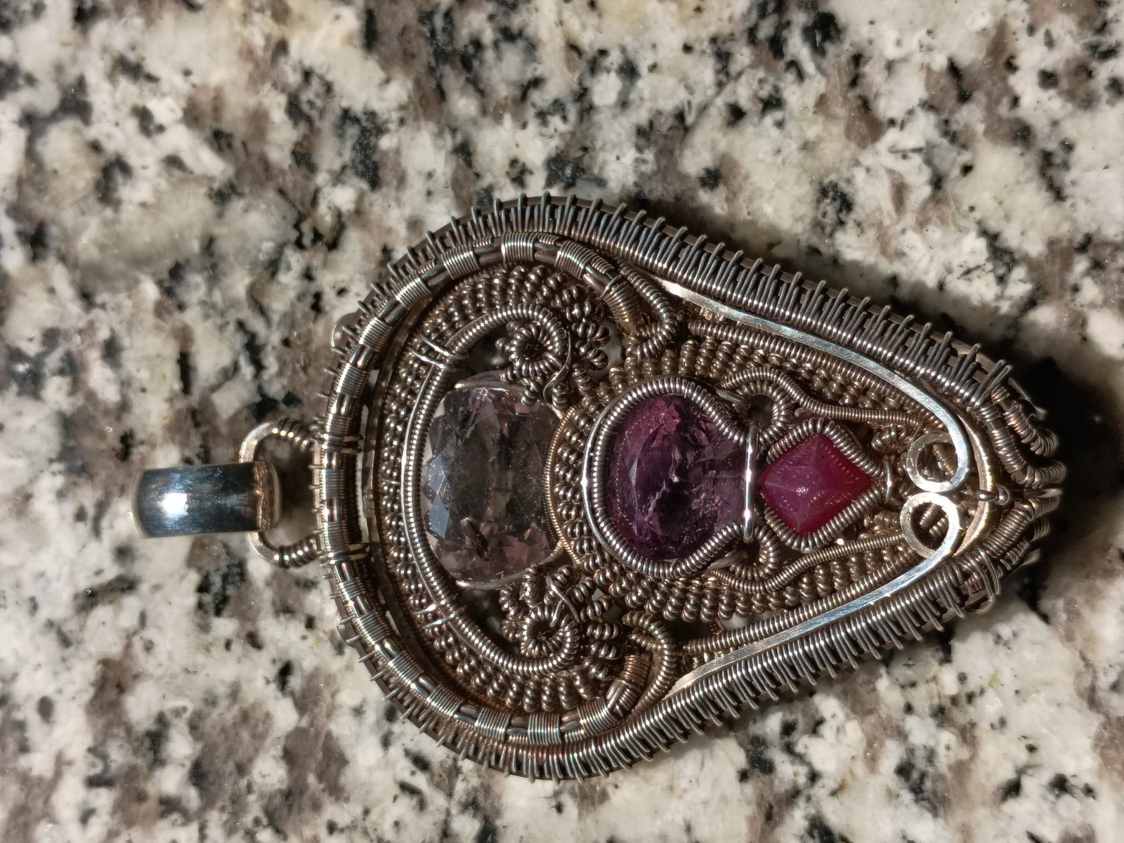 Amethyst Spinel Rose De France “Light Shield” Pendant Statement Wirewrap Art 925