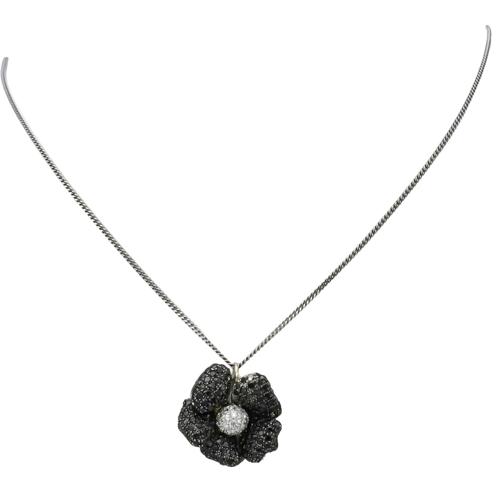 18k White Gold White and Black Diamond Cluster Flower Pendant Necklace 1.25CT