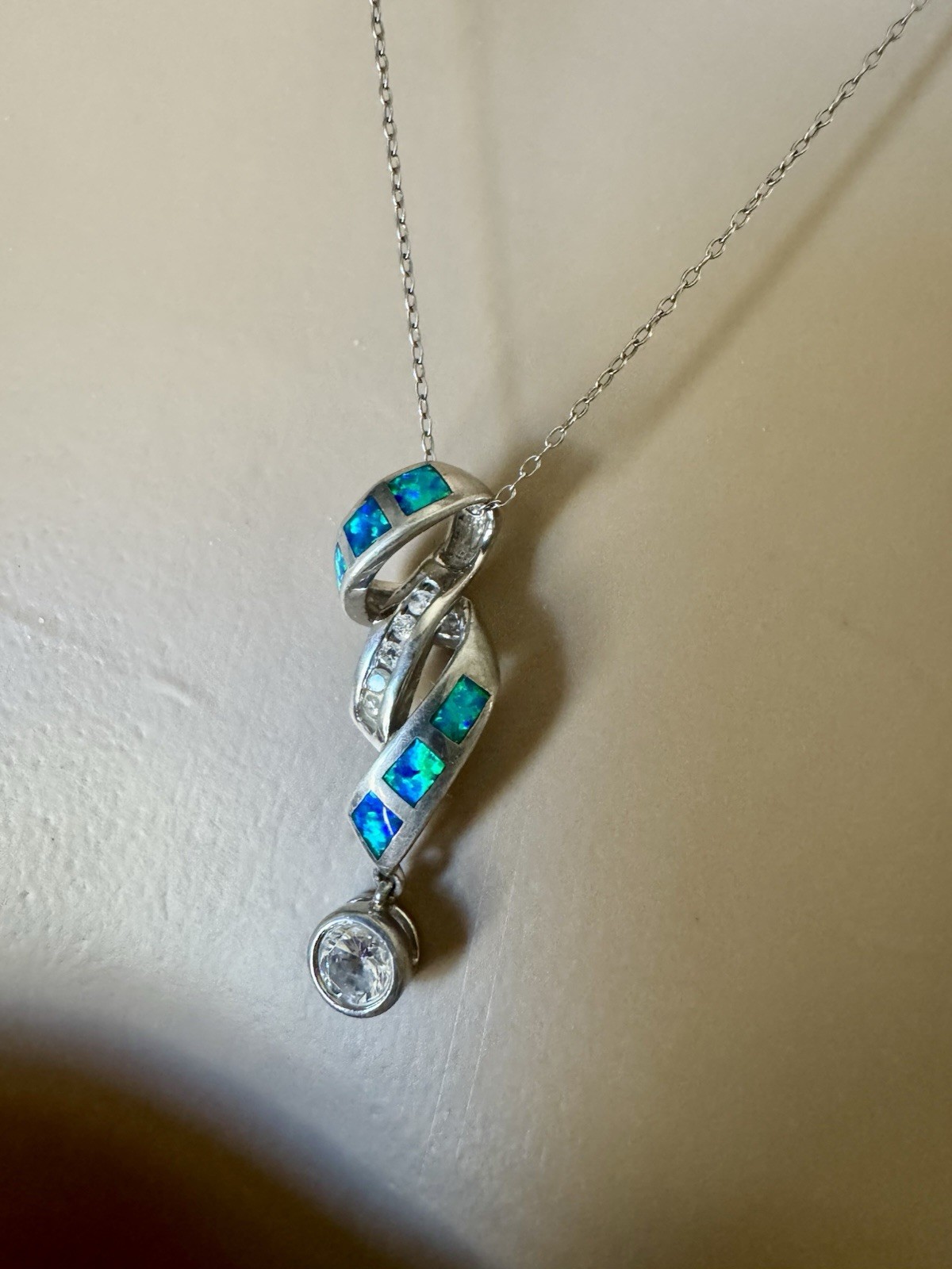 Sterling Silver 925 30mm Twisted Pendant necklace Lab Opals And Clear Stones 18”