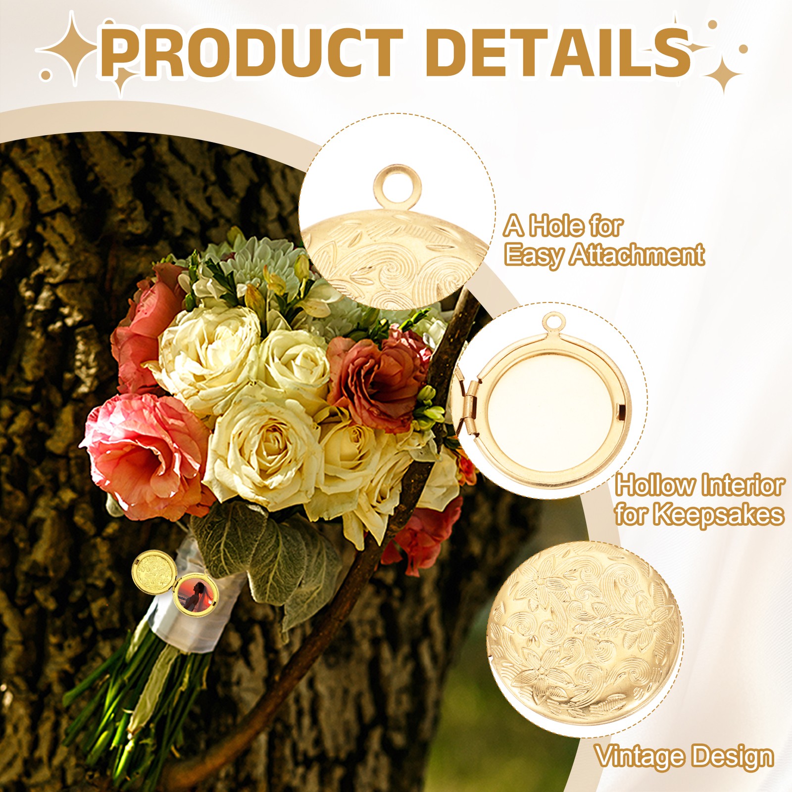 10Pcs Light Gold Tone Retro Round Engraved Flower Picture Locket Pendant for DIY