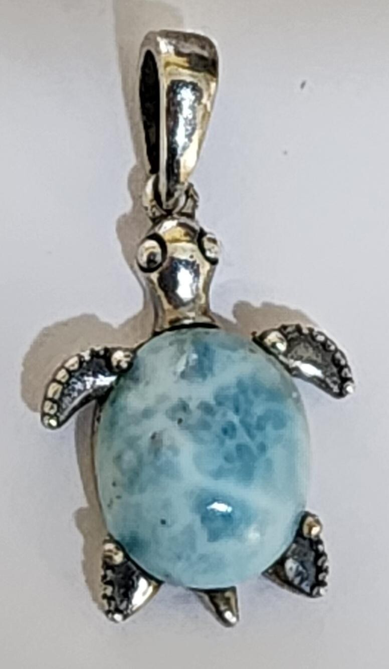 Sea Turtle pendant Genuine Blue Larimar gemstone 925 Sterling Silver # 1