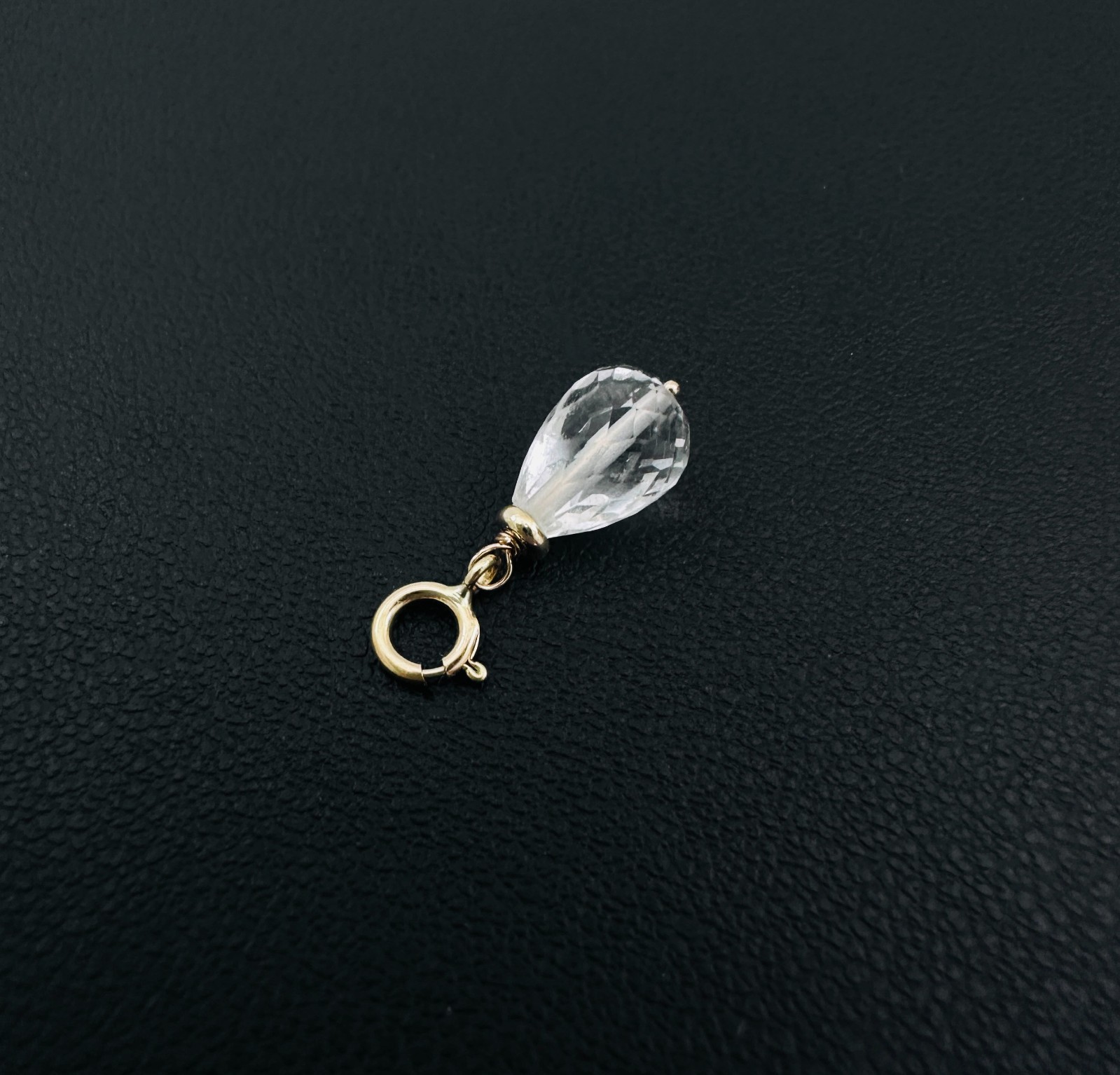 14K Solid Yellow Gold Small Clear Quartz Briolette Charm Pendant w/Spring Clasp
