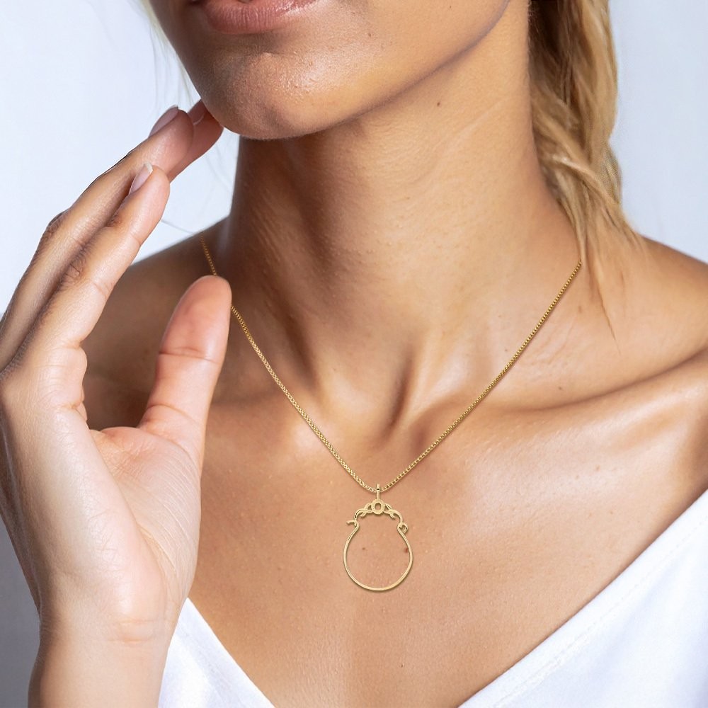 14K Solid Yellow Gold Extra Large Charm Holder Pendant Necklace 38mm 1-1/2 inch