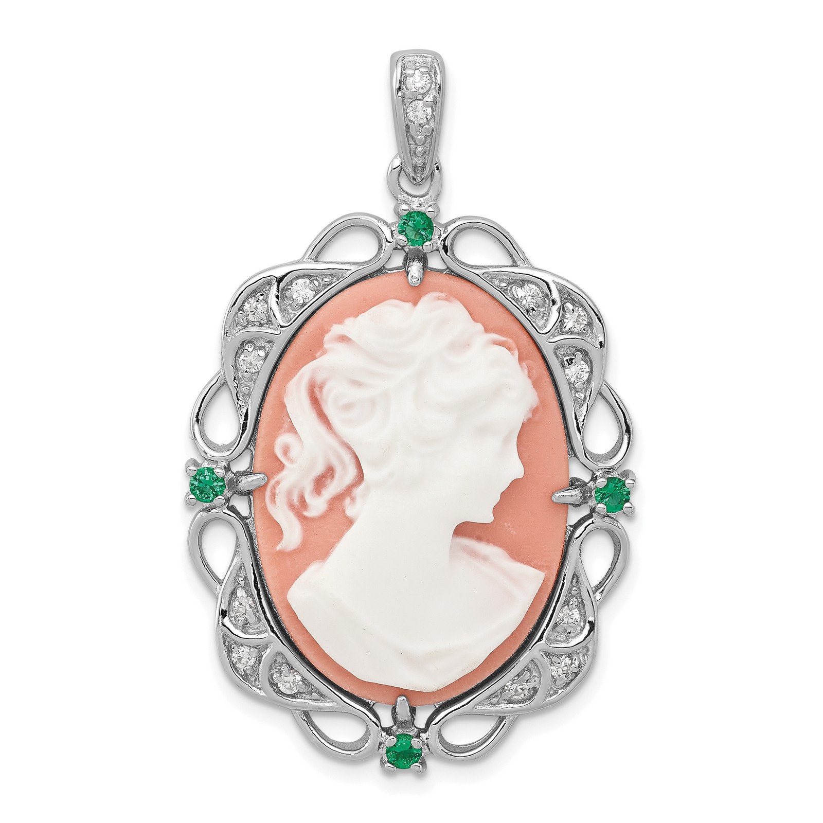 Silver Filigree Frame with Green Glass and Clear CZ Accents Plastic Pink Lady C