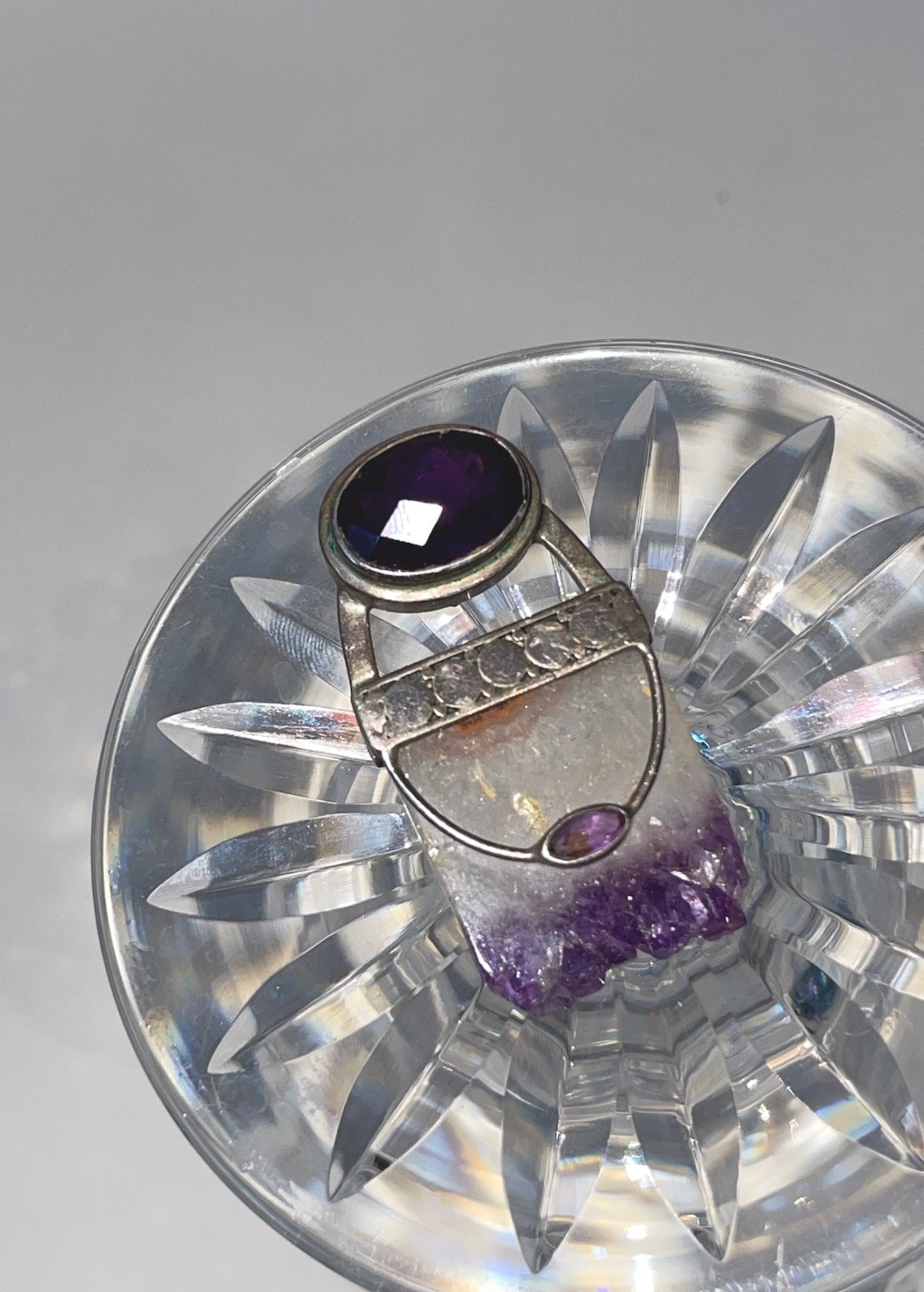 Vintage Sterling Silver Signed Raw Amethyst Quartz Geode Brooch Pendant 1.75”