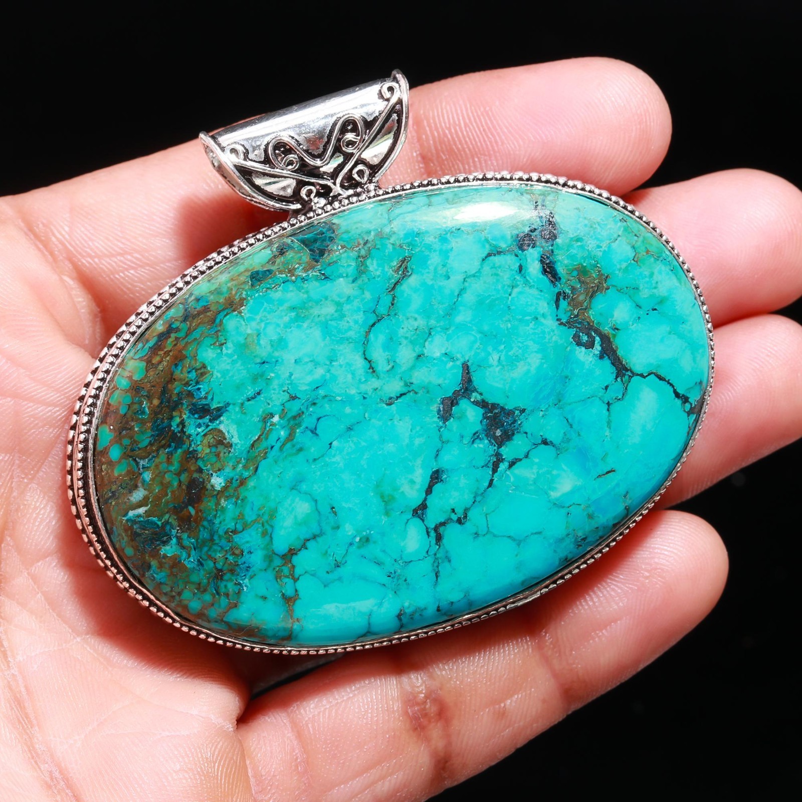 Huge Tibetan Turquoise Gemstone Handmade Vintage 925 Sterling Silver Pendant