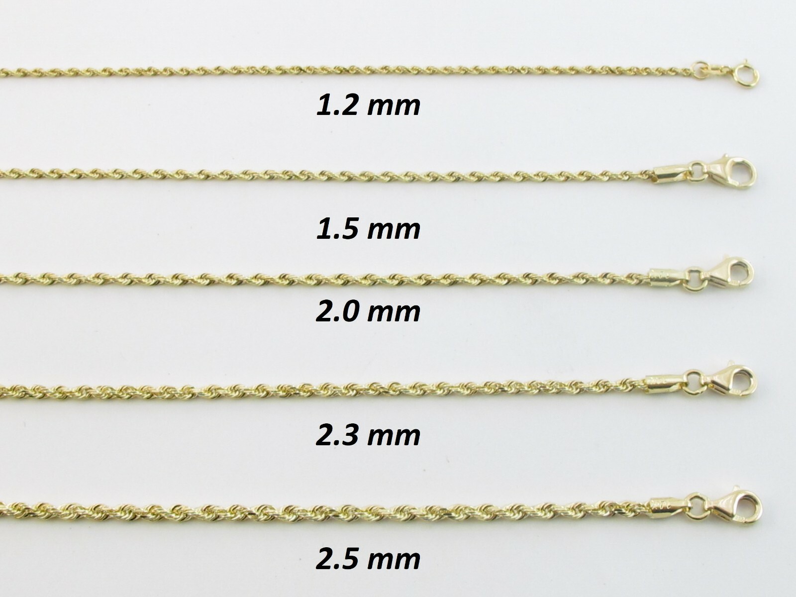 14k Solid Yellow Gold Diamond Cut Rope Chain 1.2 mm, 1.5 m, 2 m , 2.3 m , 2.5 mm