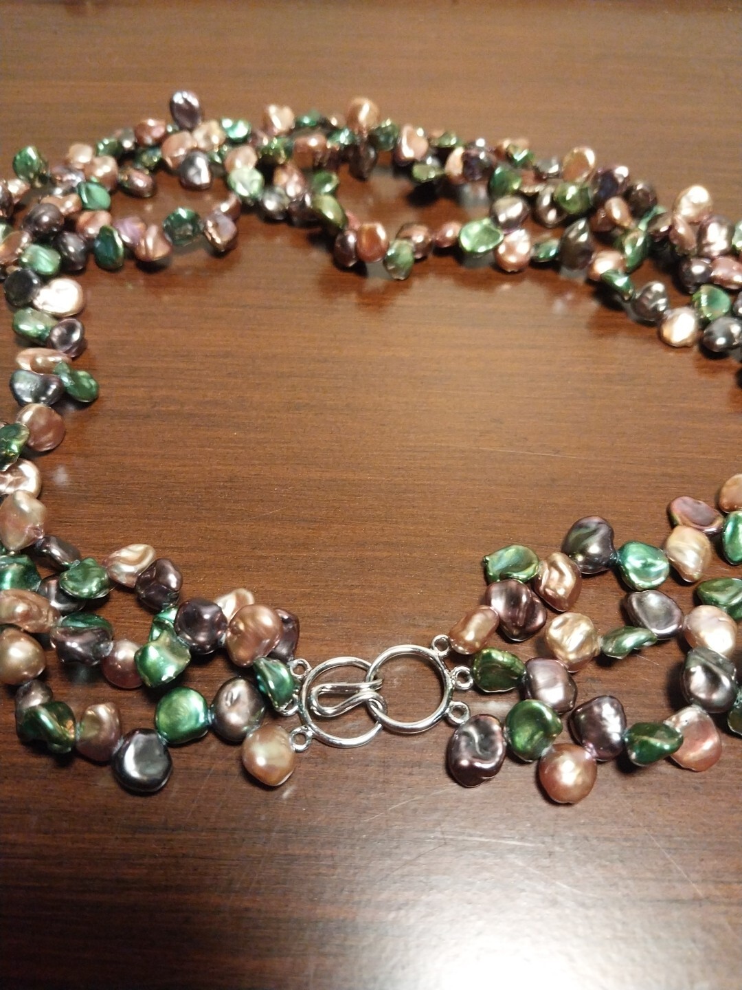 925 Signed Triple Strand Green Brown Champagne Pearl Bead Necklace 17in
