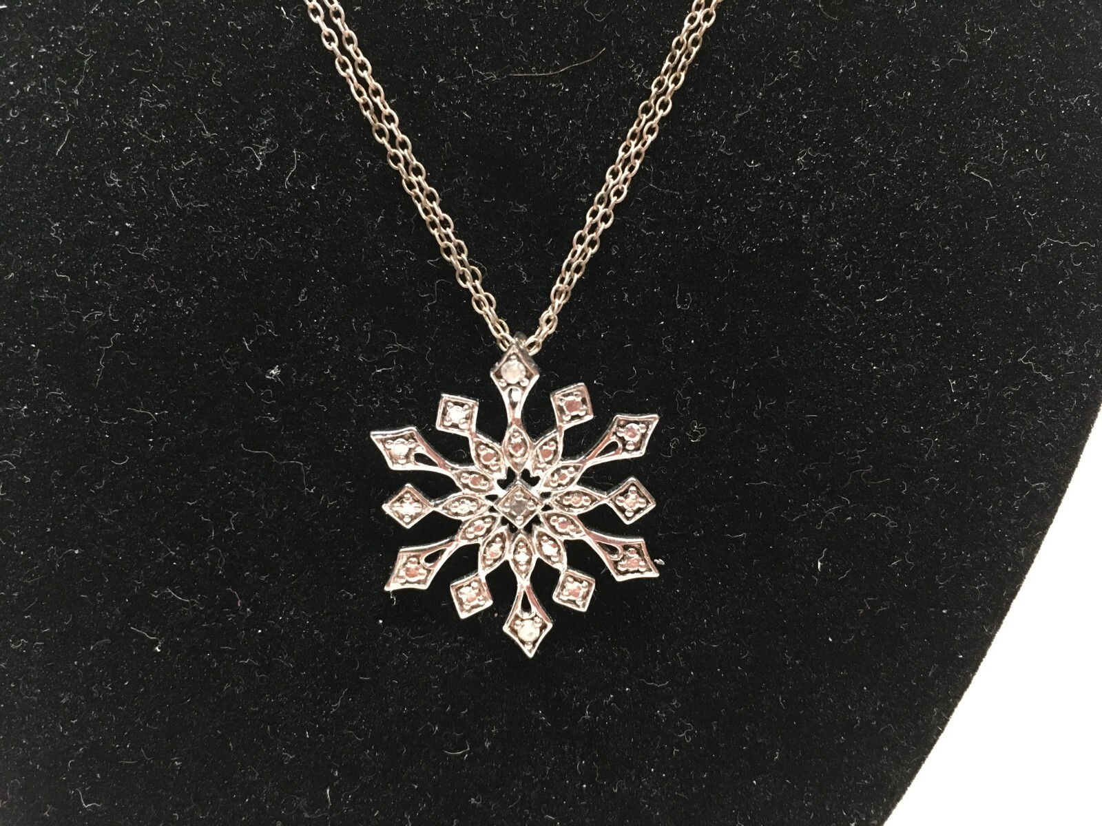 Signed OTC 925 Sterling Silver Diamond Snowflake Pendant Necklace 17.5”