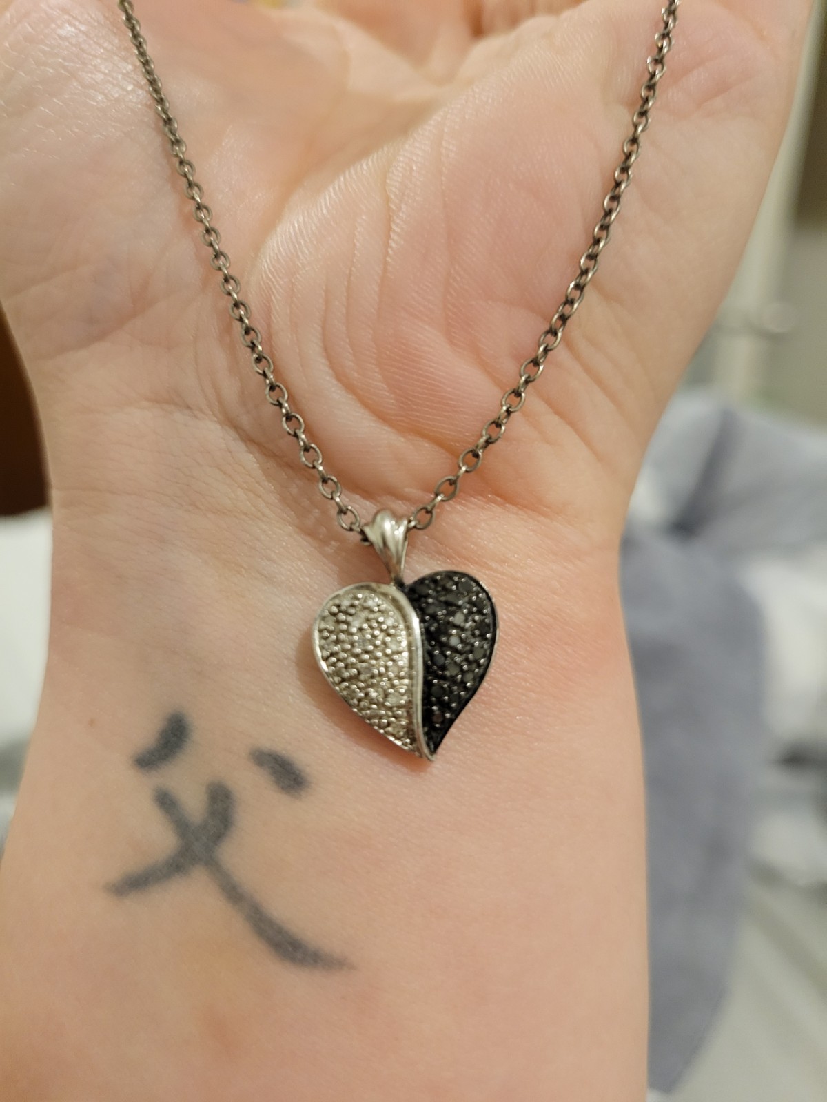 925 Sterling Silver Lab Created White Black Diamond Heart Pendant Necklace
