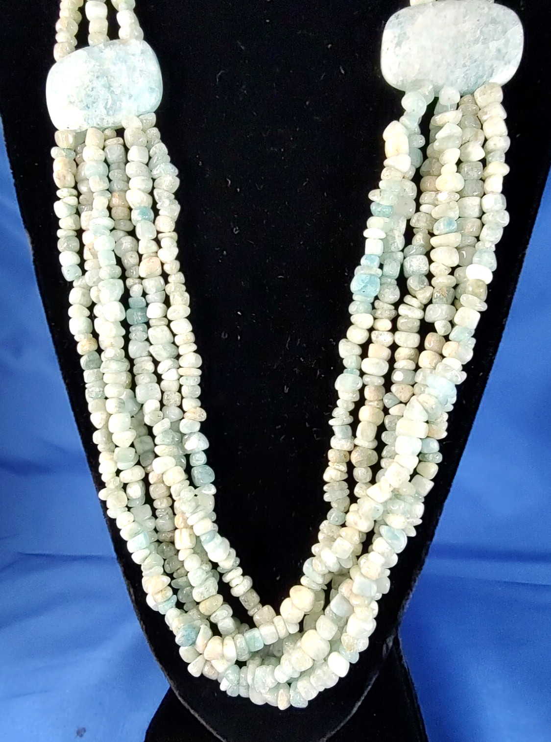 Natural Aquamarine Stone and Bead Multi-Strand Necklace Signed 925 RB