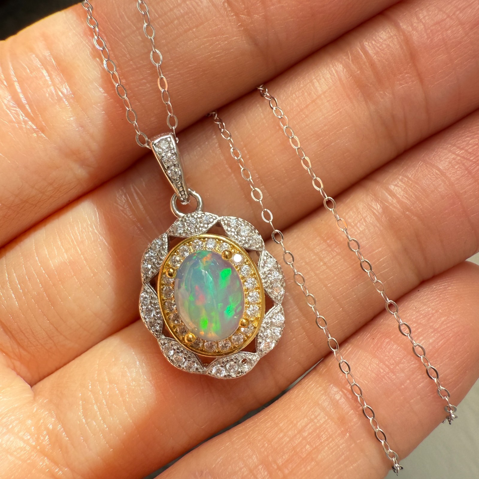 925 Sterling Silver Necklace 8x6mm Natural Opal 14K Gold Plated Flower Chain NEW