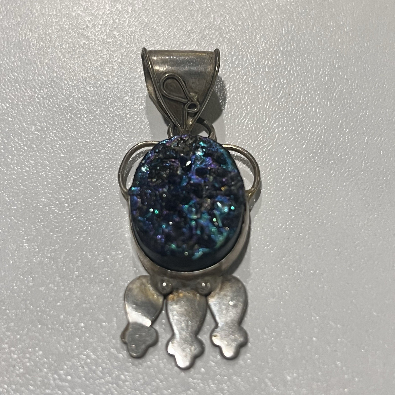 Vintage Sterling 925 Artisan Handcrafted Blue Purple Druzy Quartz Pendant
