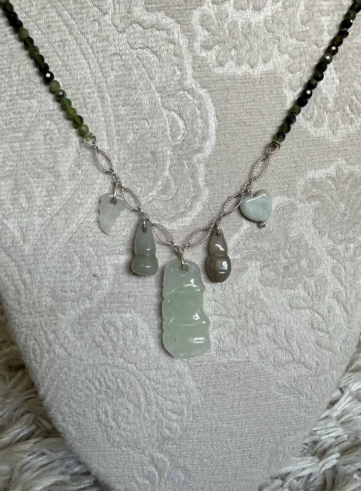 Sterling Silver Serpentine Bead Necklace With Jade Charms 18”