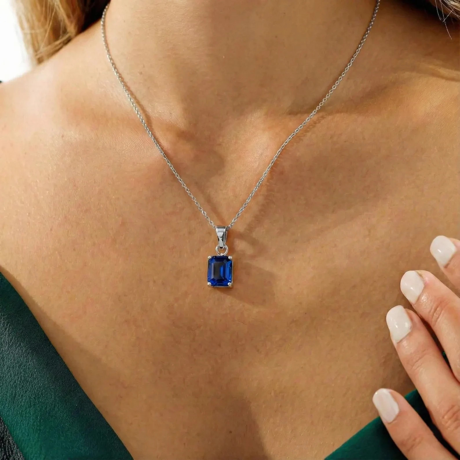 4.00 Ct Emerald Cut Natural Sapphire Diamond Gorgeous Pendant 14K White Gold