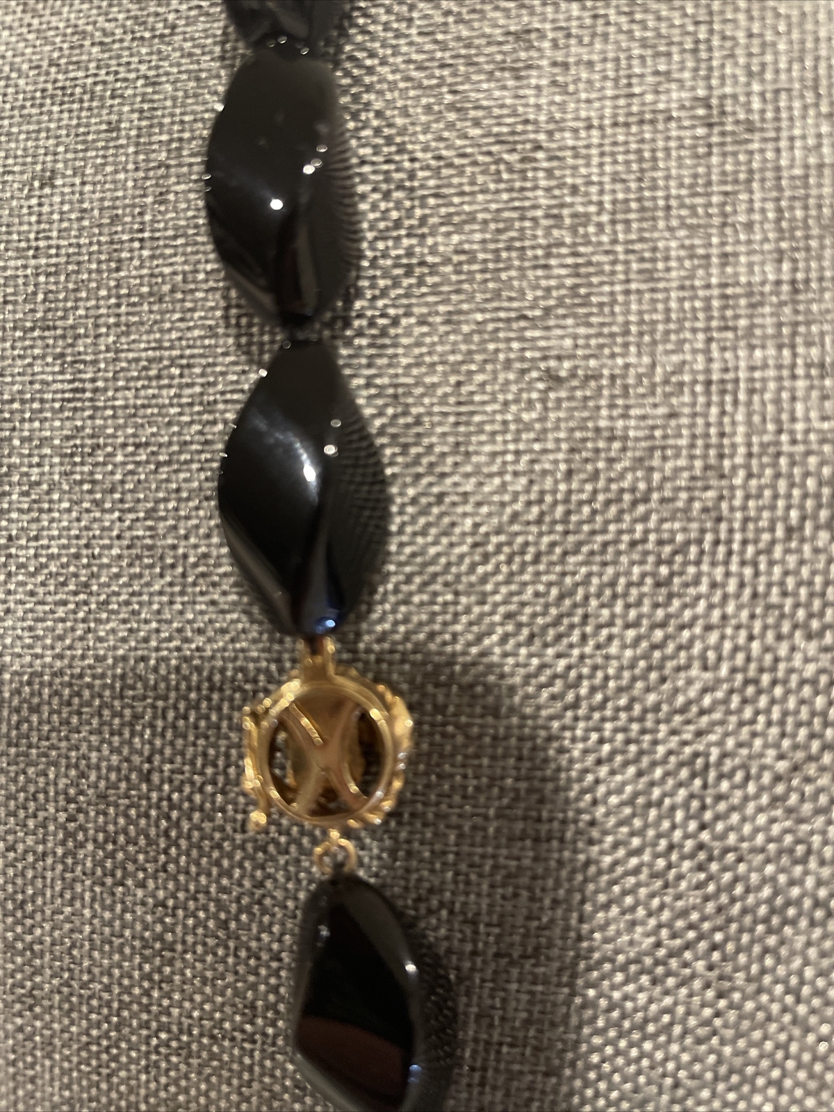 CLASSIC BLACK ONYX KNOTTED BEAD NECKLACE ~ 32 in Long 14 K YELLOW GOLD CLASP.