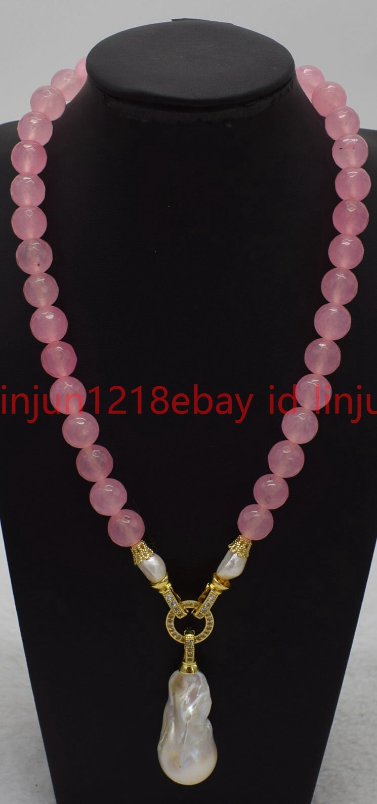Faceted 8mm Pink Jade Round Gems White Baroque Pearl Pendant Necklace 16-32in
