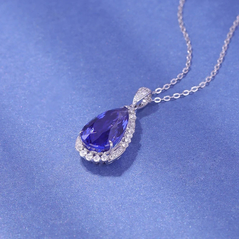 5.00Ct Pear Cut Natural Blue Tanzanite & Diamond 14K White Gold Luxury Pendant