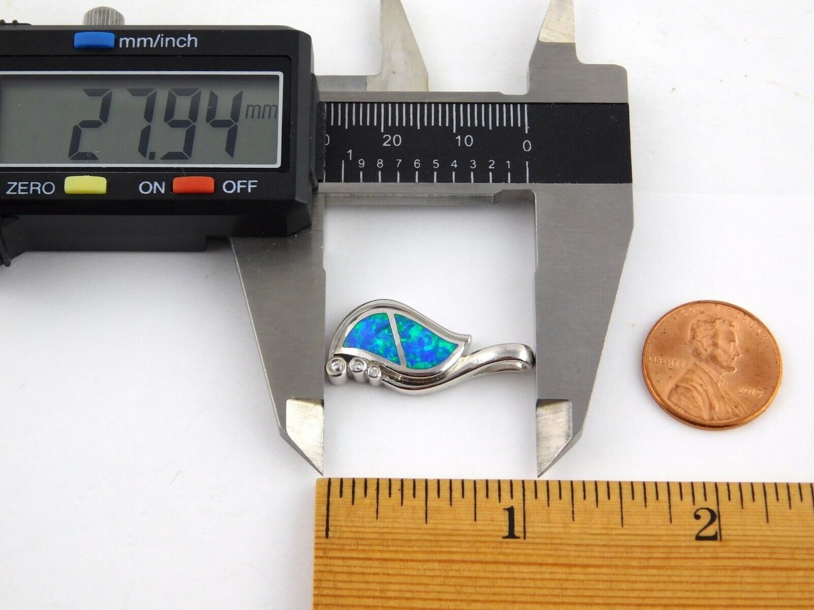 Sterling Silver Lab Created Blue Opal Inlay White CZ Accents Pendant 5g 1 1/8 In