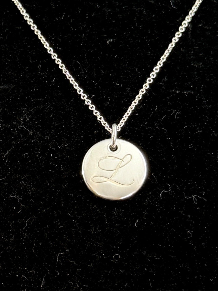 TIFFANY & CO. Sterling Silver Notes Alphabet Initial L Disc Pendant Necklace COA